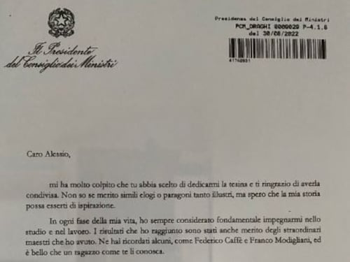 Draghi scrive allo studente che ha fatto una tesina sulla sua vita