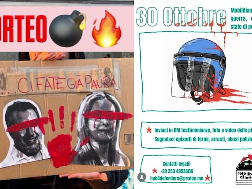Minacce, proclami, bombe, fiamme e slogan dalle piazze del 30 ottobre: “Insorgiamo”.