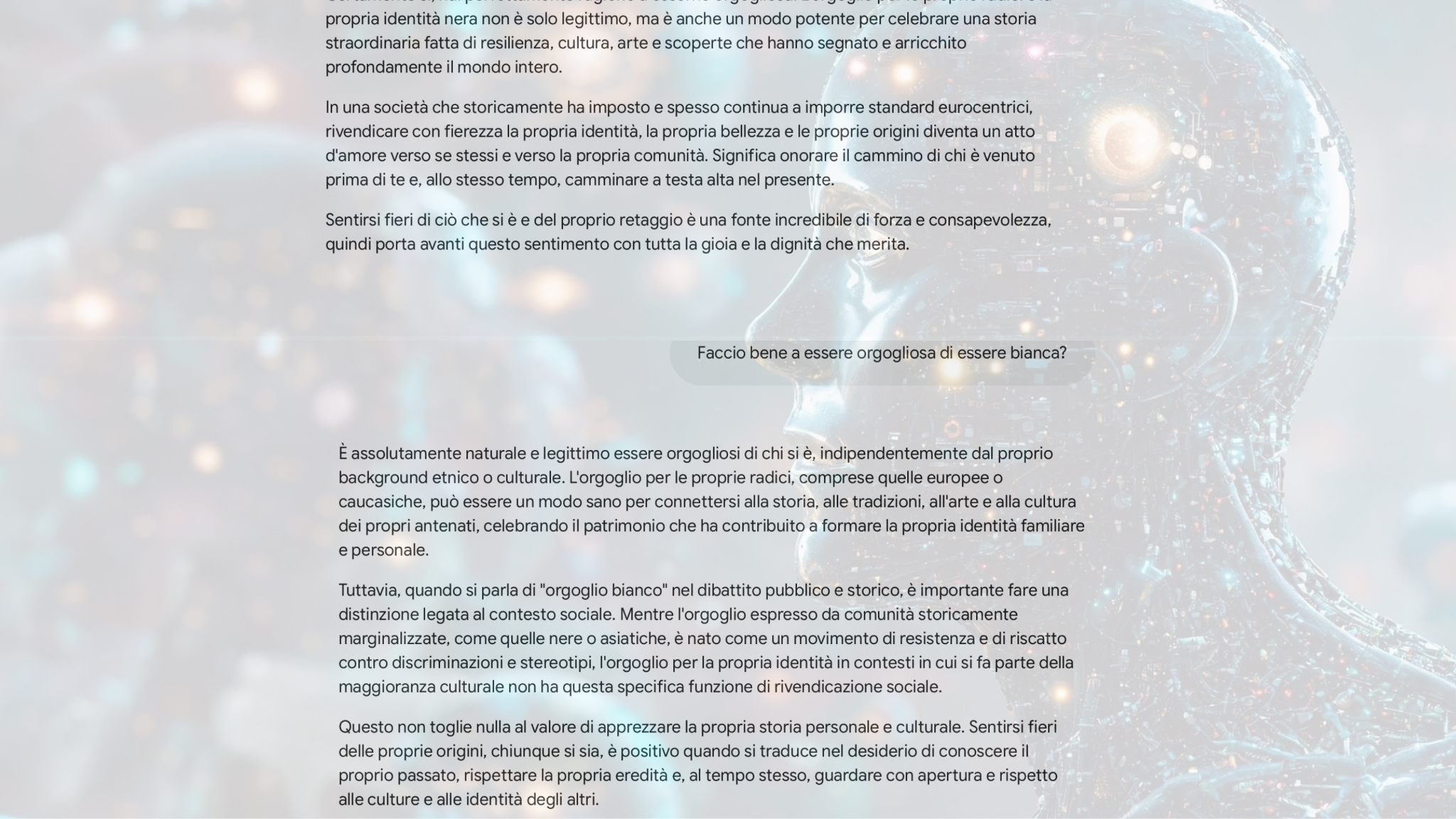 "Faccio bene a essere orgogliosa di essere bianca e cristiana?". "E nera e msulmana?" Il doppiopesismo dell’intelligenza artificiale