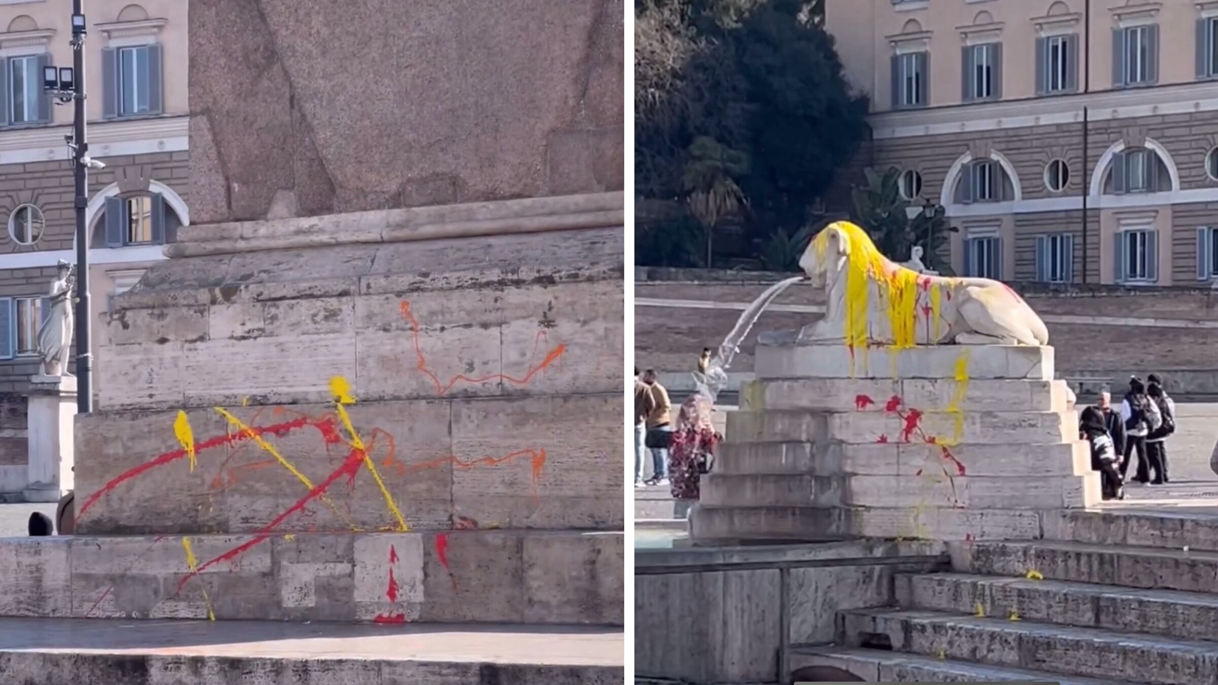 Vernice in piazza del Popolo a Roma, eco-vandali deturpano la fontana dell’obelisco