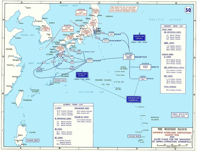 La mappa degli obiettivi dell'Operazione Downfall progettata dall'esercito Usa