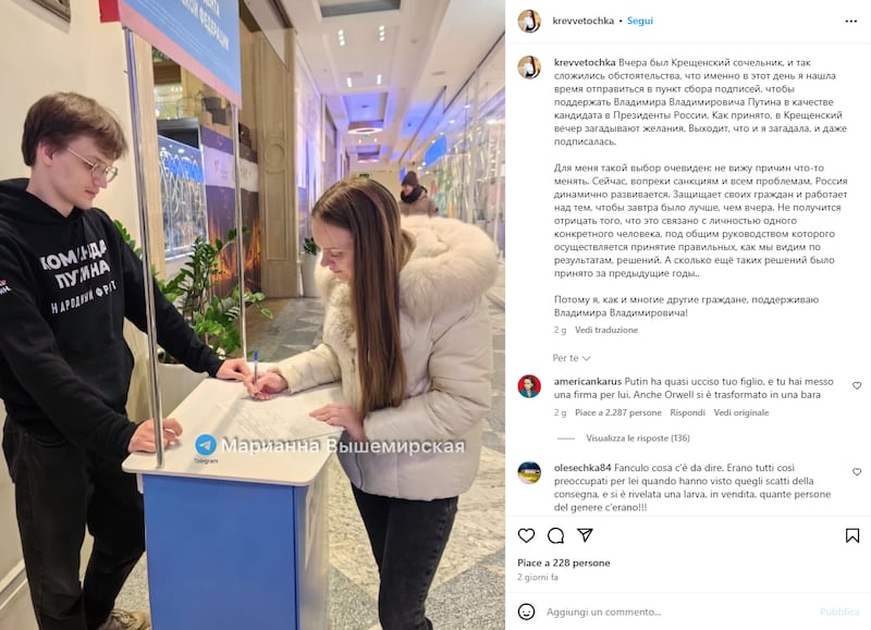 Il post in cui Marianna annuncia di aver firmato a sostegno di Putin