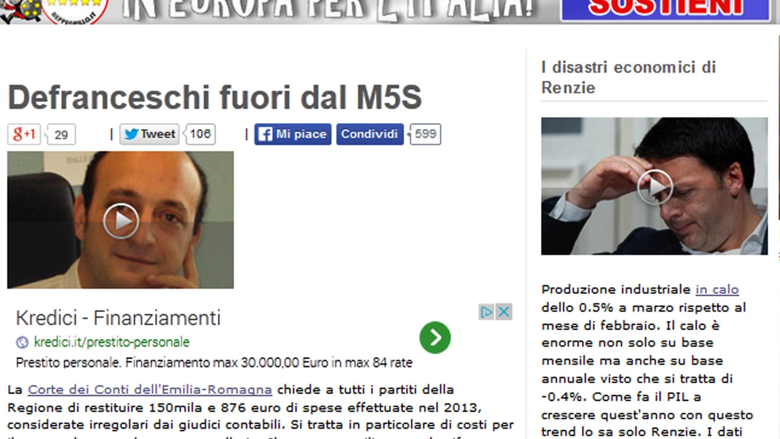 Rimborsi ai partiti, Grillo espelle consigliere regionale Emilia Romagna