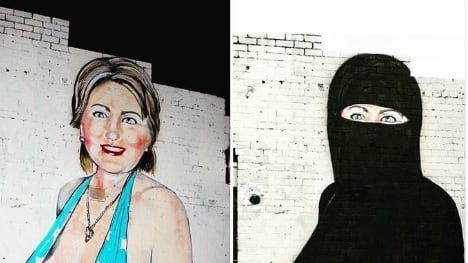 Murales della Clinton in bikini "censurato" con un velo islamico