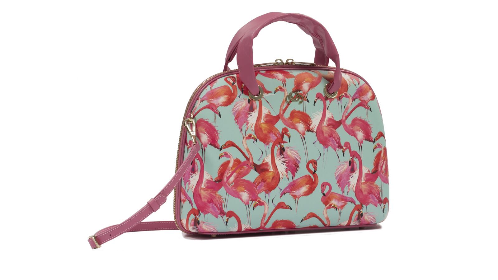 Piante tropicali, fiori e fenicotteri rosa La borsa si riempie di colori
