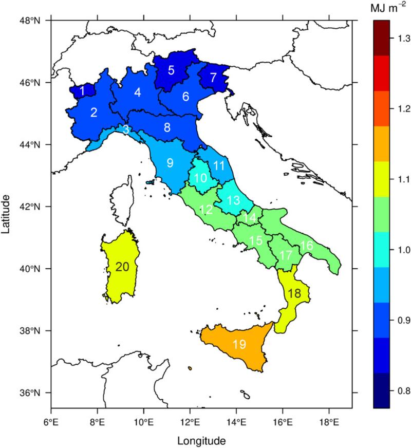 Esposizioni UV cumulative di vitamina D nell'ambiente (media) per ciascuna regione italiana