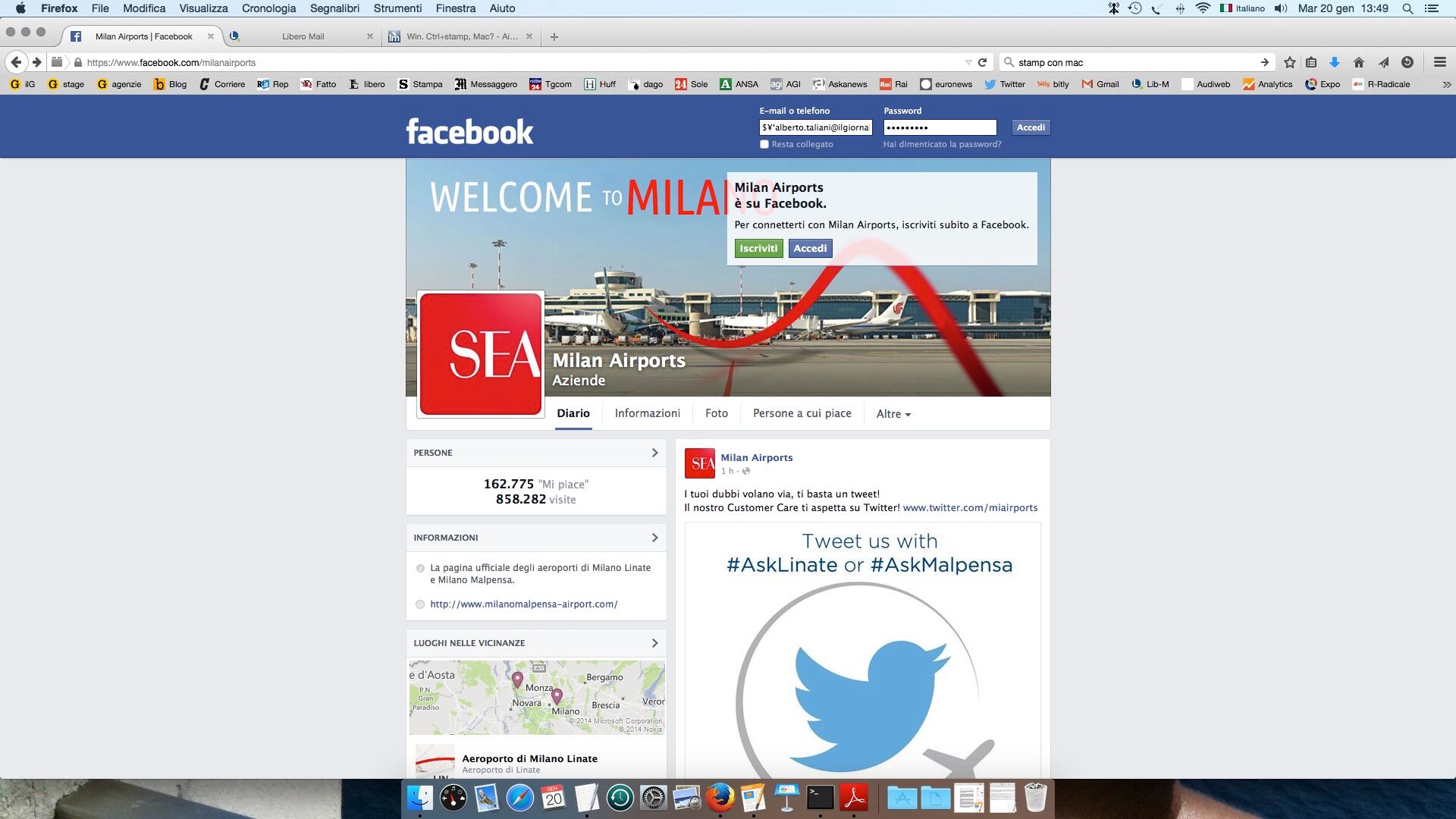 Sea "vola" su Facebook, terza fra gli aeroporti europei