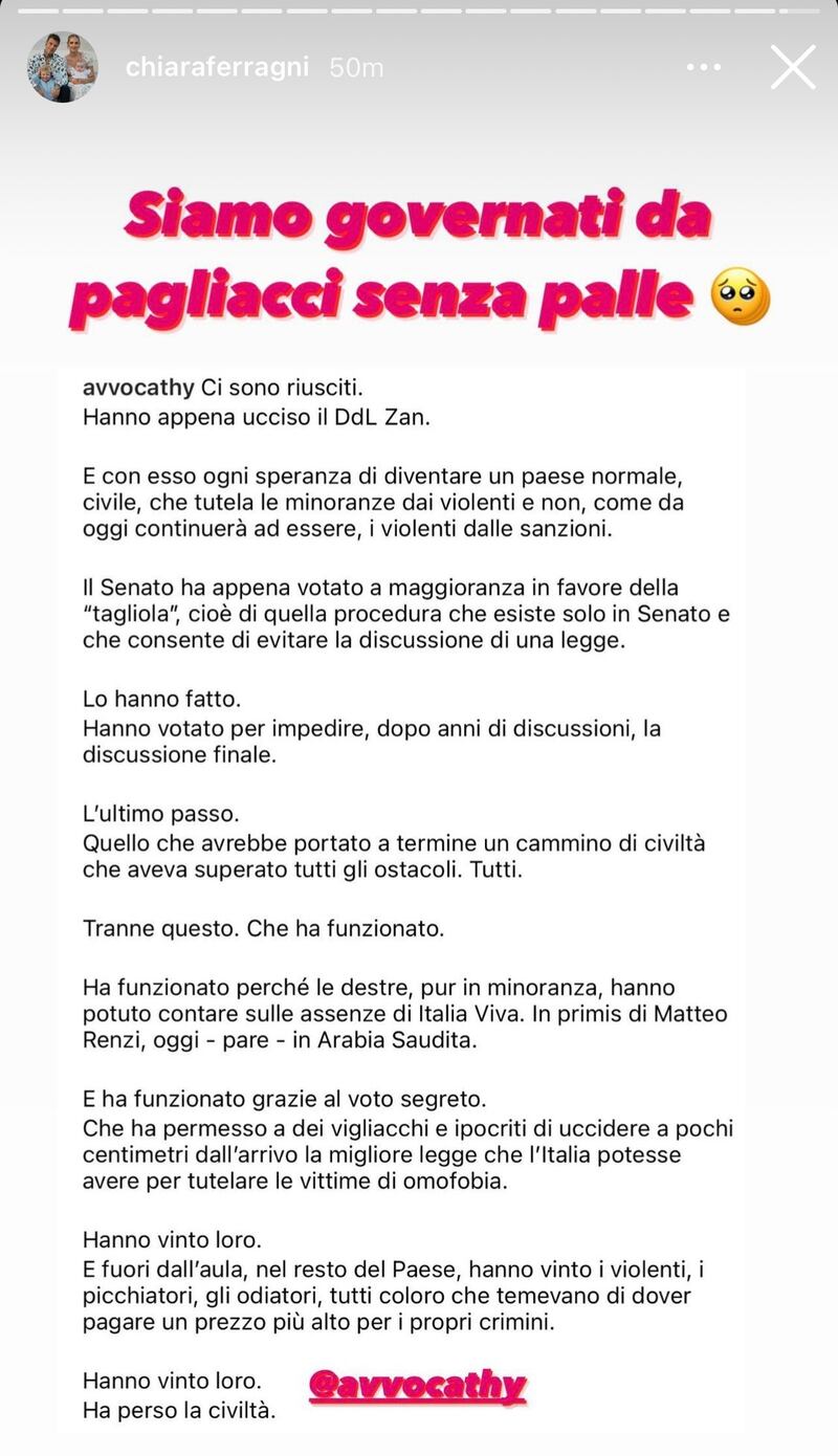 Ferragni per il ddl Zan