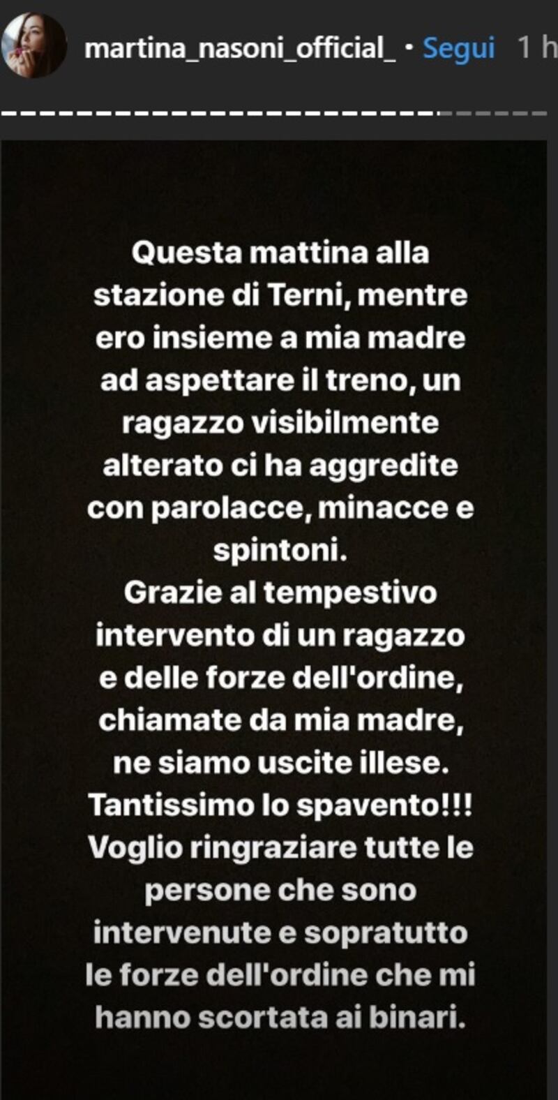 Martina Nasoni dichiarazione social