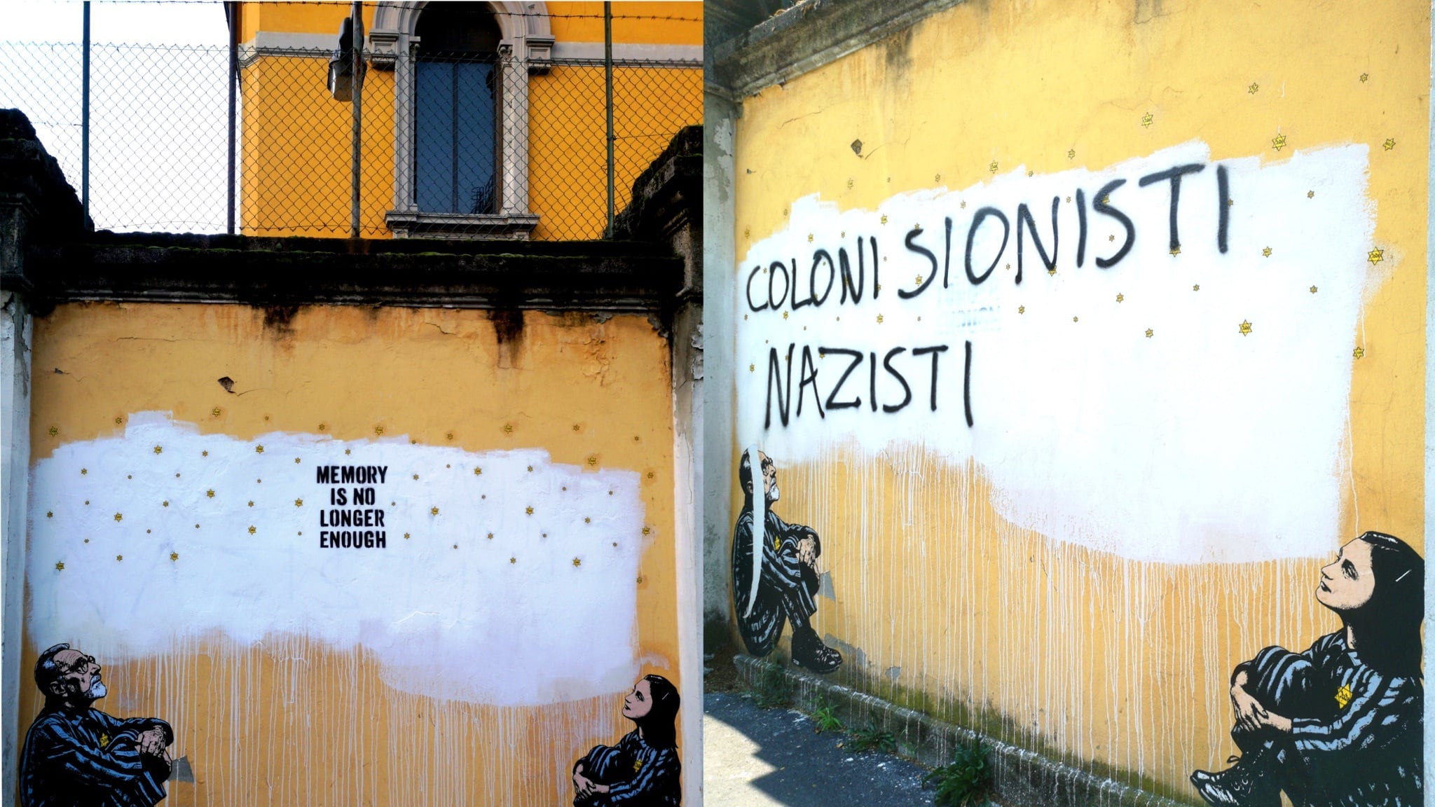 Gli estremisti sfregiano anche la Shoah, imbrattato il murale della memoria a Milano: “Coloni sionisti nazisti”