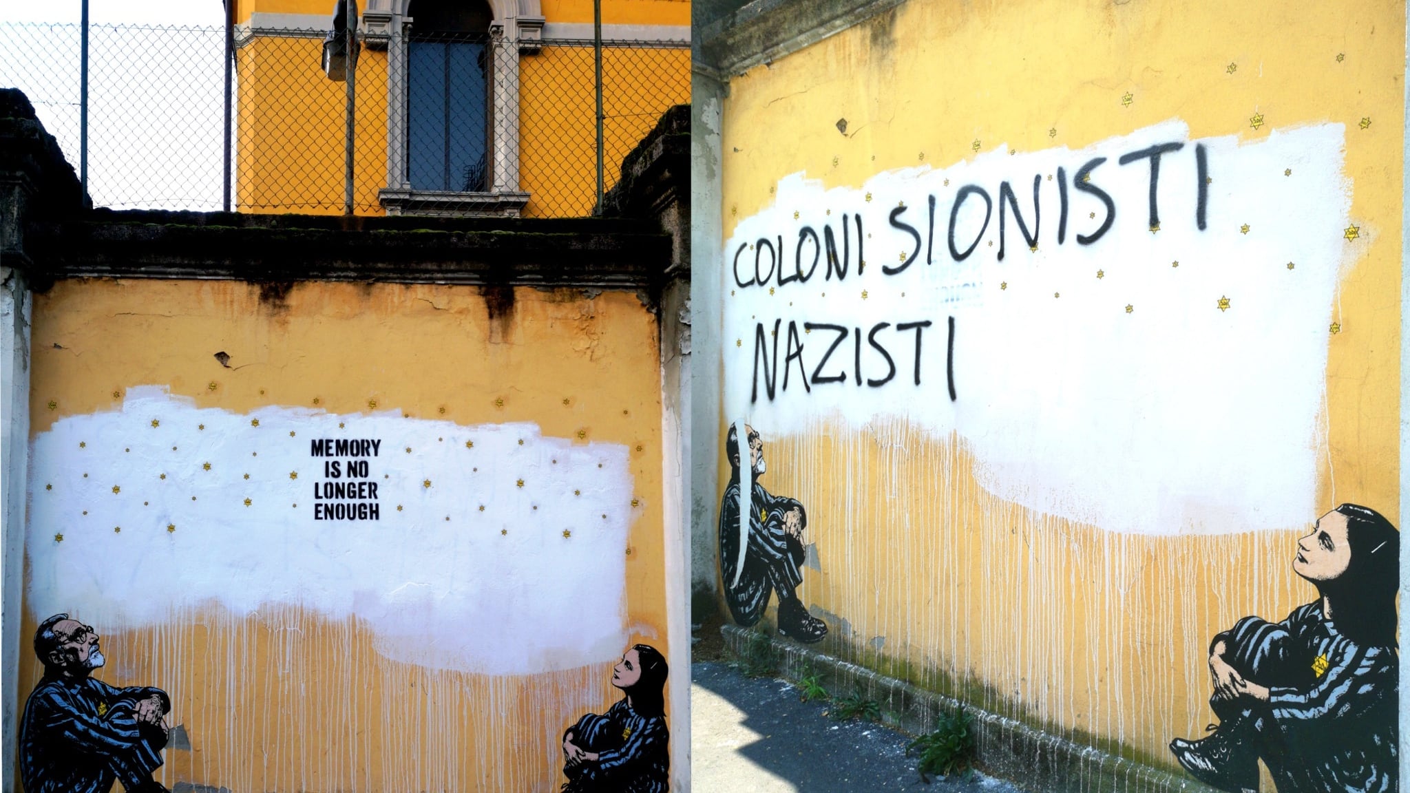 Gli estremisti sfregiano anche la Shoah, imbrattato il murale della memoria a Milano: “Coloni sionisti nazisti”