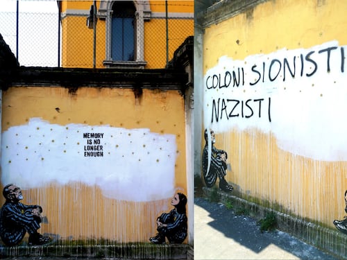 Gli estremisti sfregiano anche la Shoah, imbrattato il murale della memoria a Milano: “Coloni sionisti nazisti”