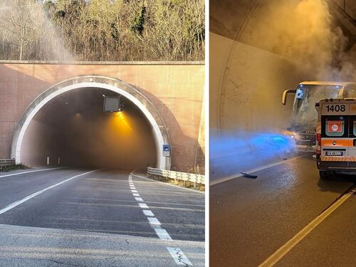 Tragedia in galleria a Urbino: scontro col bus di bambini in gita, ambulanza in fiamme