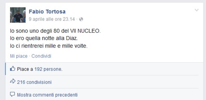 Il post di Fabio Tortosa su Facebook