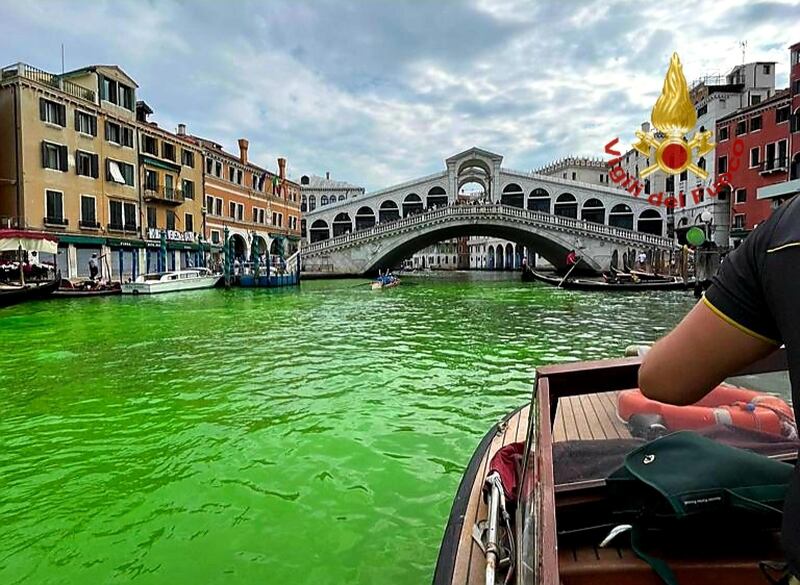 A Venezia l'acqua del Canal Grande diventa verde: le immagini 4