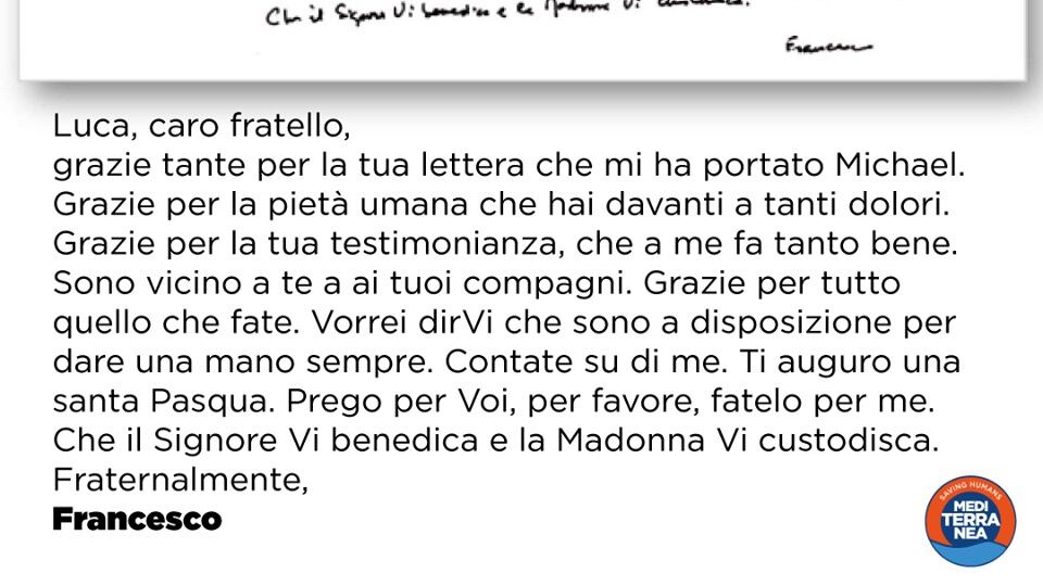 Il Papa alla Ong: "Grazie per quello che fate, contate su di me"
