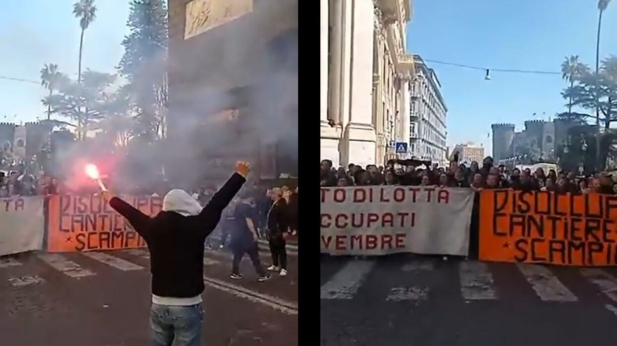 Napoli, scontri disoccupati-forze dell'ordine davanti al Comune