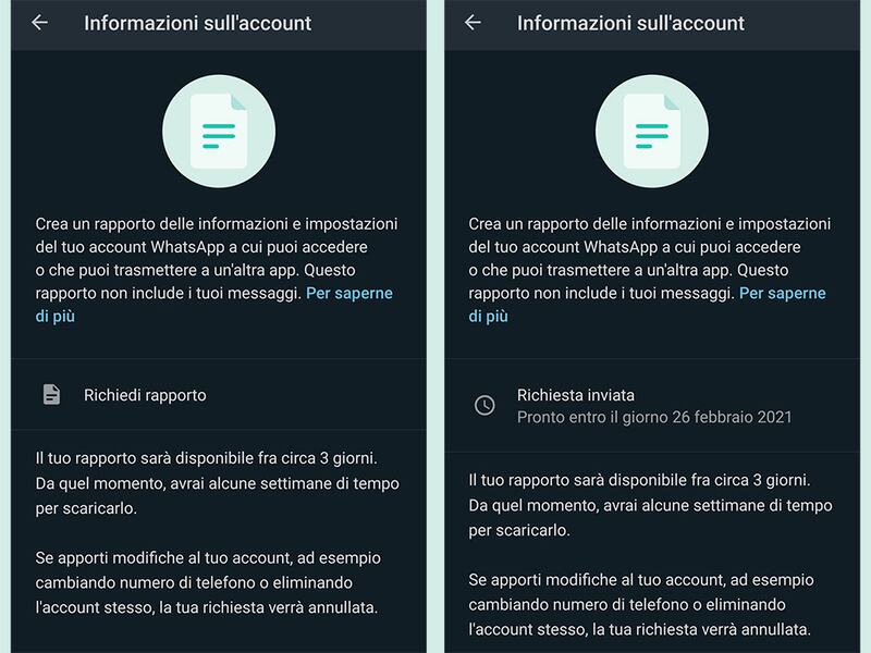 WhatsApp: rapporto informazioni sull'account