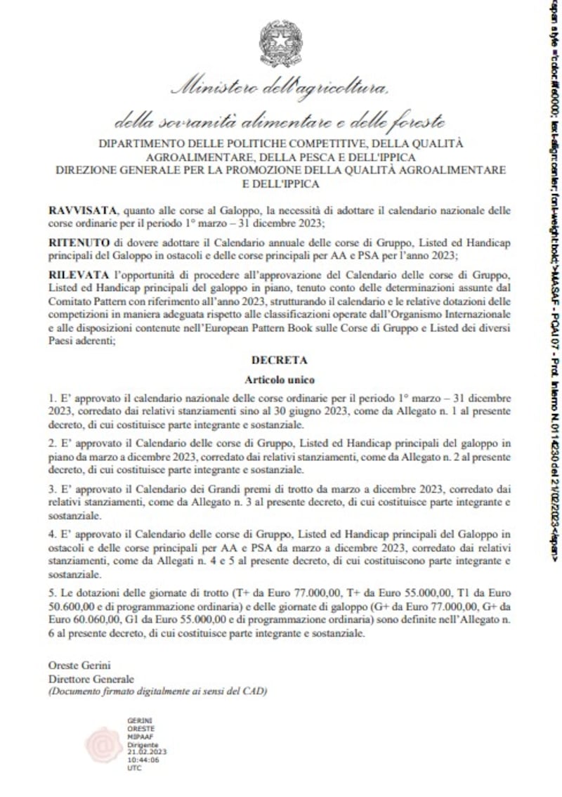 Delibera sulle corse dei cavalli