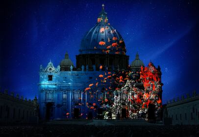 Coral projected on St. Peter's Basilica. Photography by David Doubilet. Artistic rendering by Obscura Digital