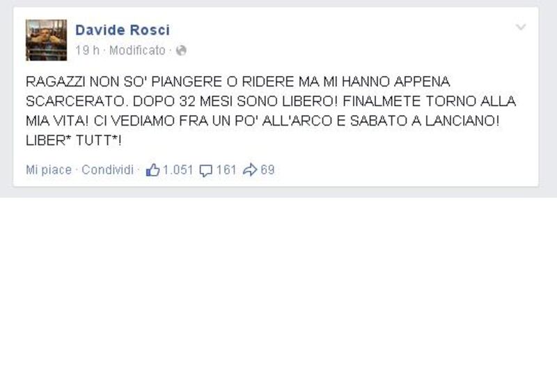 Post di Facebook di Davide Rosci