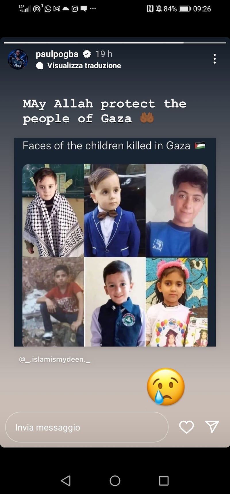 Il post ripreso da Pogba su Instagram che mostra le foto dei bambini uccisi nei combattimenti a Gaza