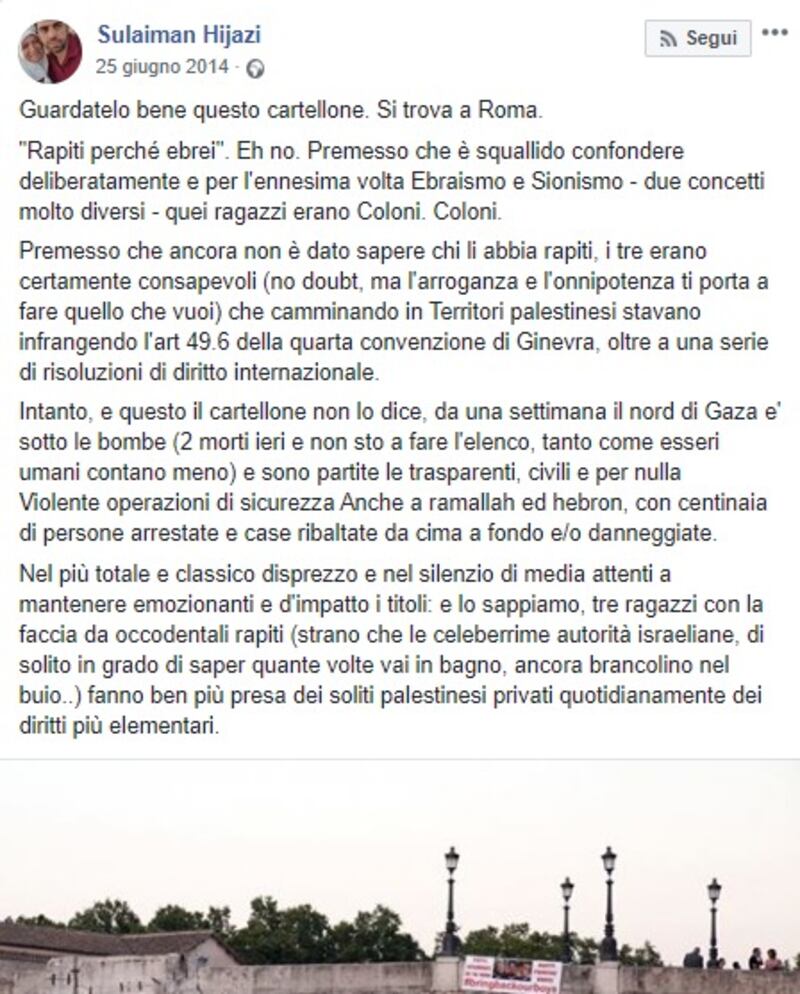 Screenshot sul profilo Facebook di Hijazi 1