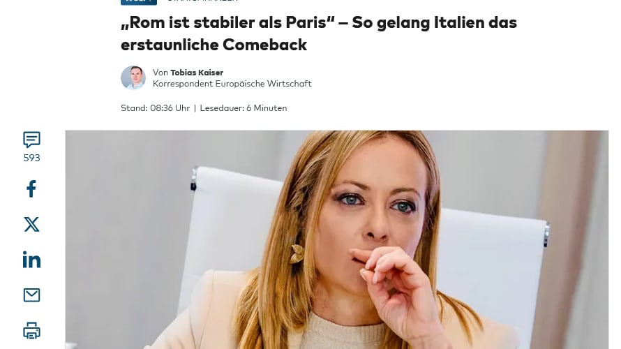 "Roma è più stabile di Parigi". Pure il tedesco Die Welt promuove la ricetta di Meloni