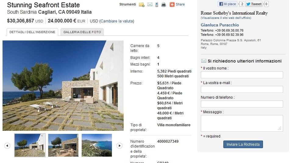 Soru "svende" la villa a Villasimius: chiesti 24 milioni di euro