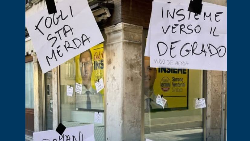 "Muso de m..."; "Insieme verso il degrado": vandalizzata la sede elettorale del candidato Venturini