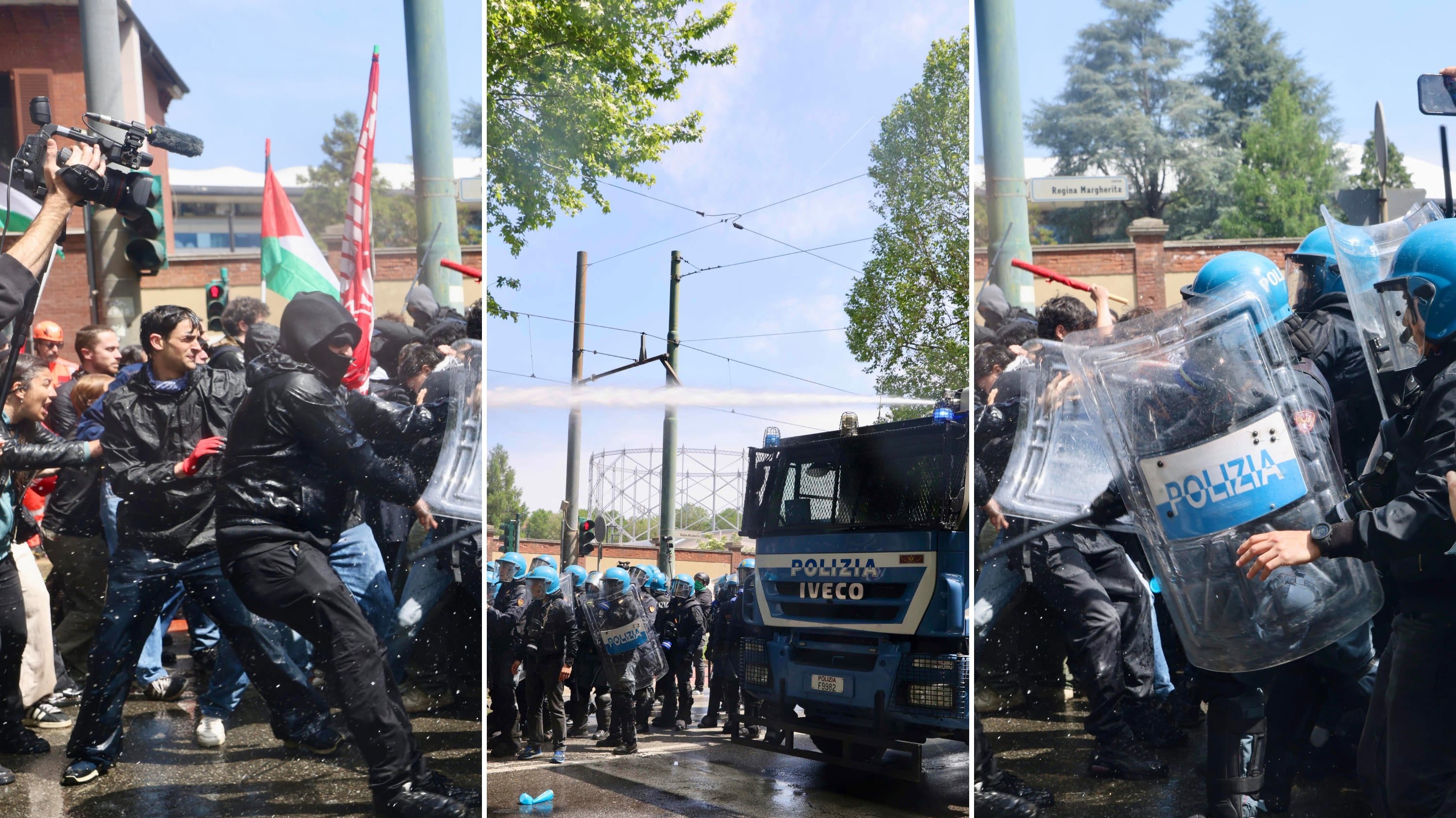 Gli antagonisti scatenano il caos in piazza a Torino. Scontri con la polizia, bottiglie di vetro, bastoni e spray urticanti sui reparti