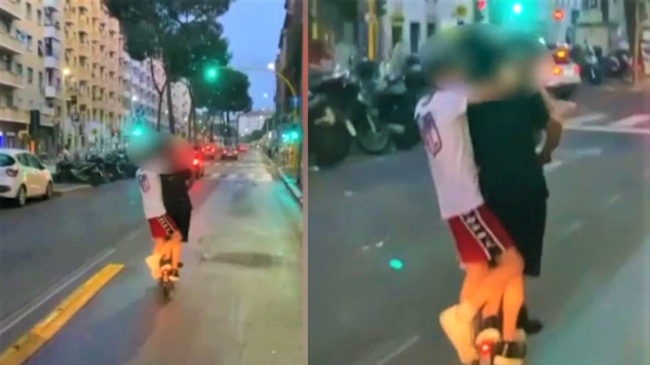 In quattro su un monopattino lungo la corsia del bus: le immagini choc a Roma