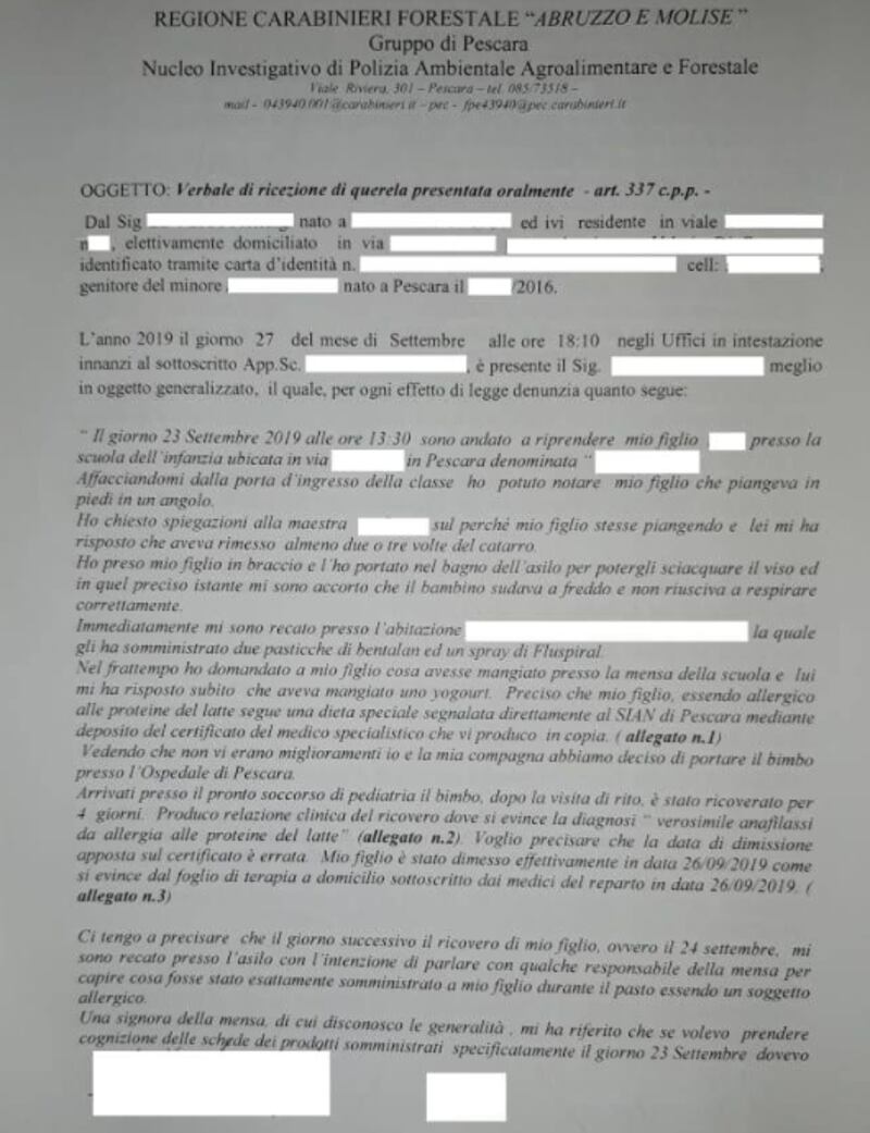 Pescara, bimbo allergico in ospedale dopo aver mangiato budino 3