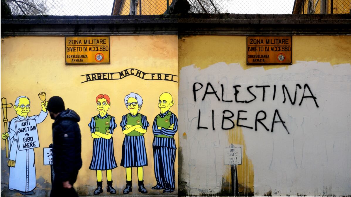 Sfregio alla memoria dell'Olocausto: pro Pal imbrattano il murale per Segre, Bruck e Modiano