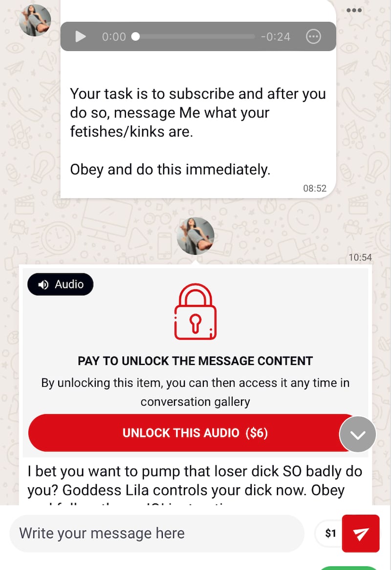 Esempio delle continue notifiche di Loyalfans per sbloccare contenuti a pagamento