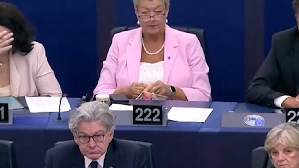 Lavoro a maglia durante l'intervento di Von der Leyen: il gesto della commissaria Ue