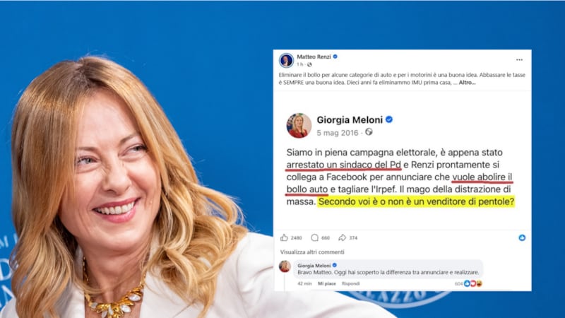 “Bravo, hai scoperto la differenza tra annunciare e realizzare”. Meloni smaschera Renzi sul bollo auto
