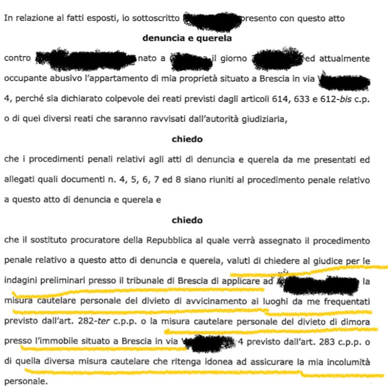 denuncia e richiesta misure cautelari