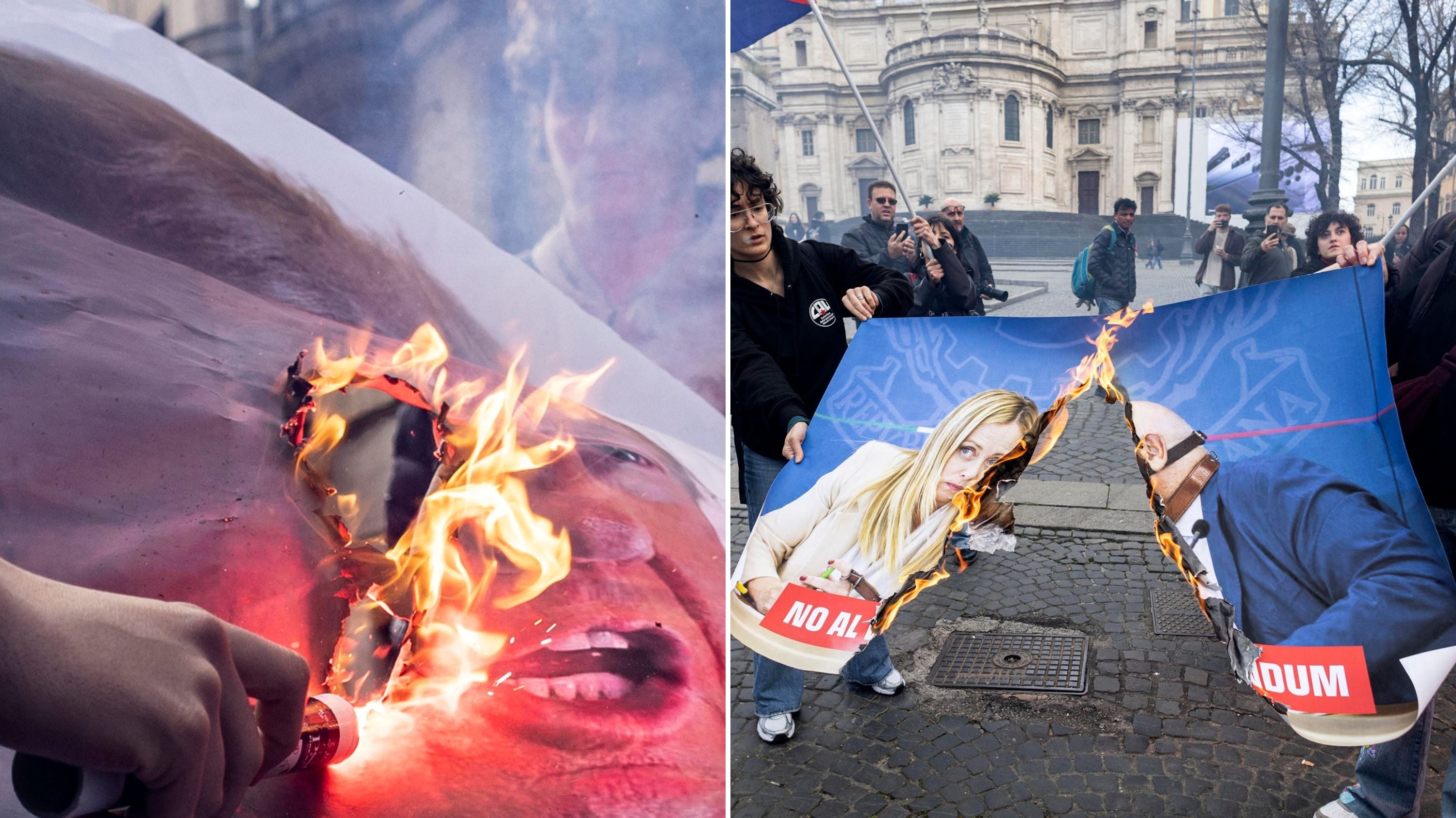 Carc, pro Pal e sinistra estrema bruciano in piazza foto di Meloni e Nordio. Il ministro: "Non mi intimoriscono"