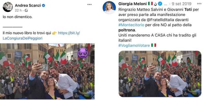 Post Facebook di Andrea Scanzi e Giorgia Meloni
