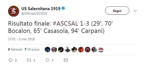 Ascoli-Salernitana 1-3 o 0-3? Anche la Lega Serie B va in tilt su Twitter 4