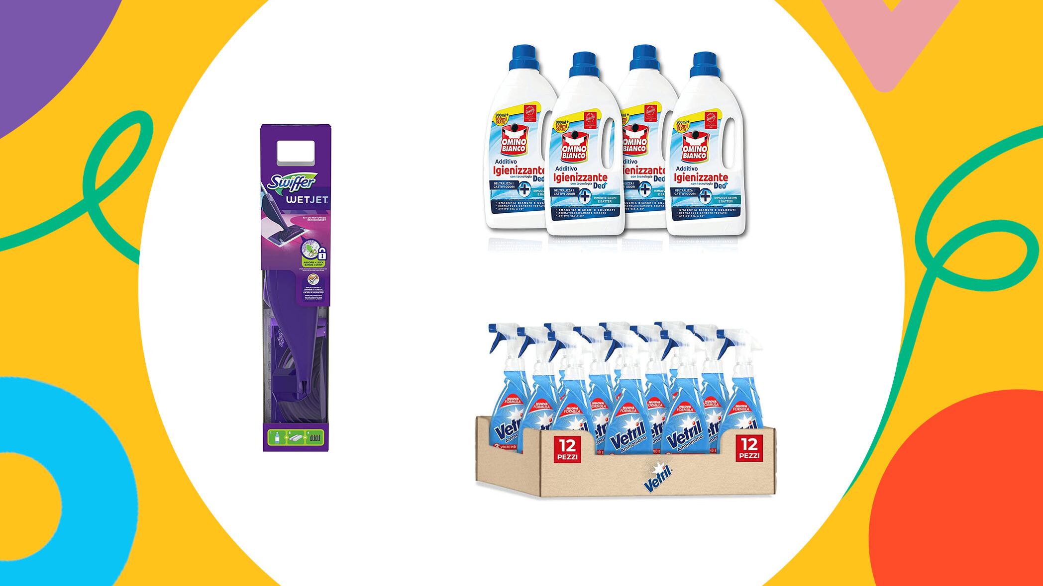 Bucato, vetri e pavimenti: le maxi-offerte Omino Bianco, Vetril e Swiffer