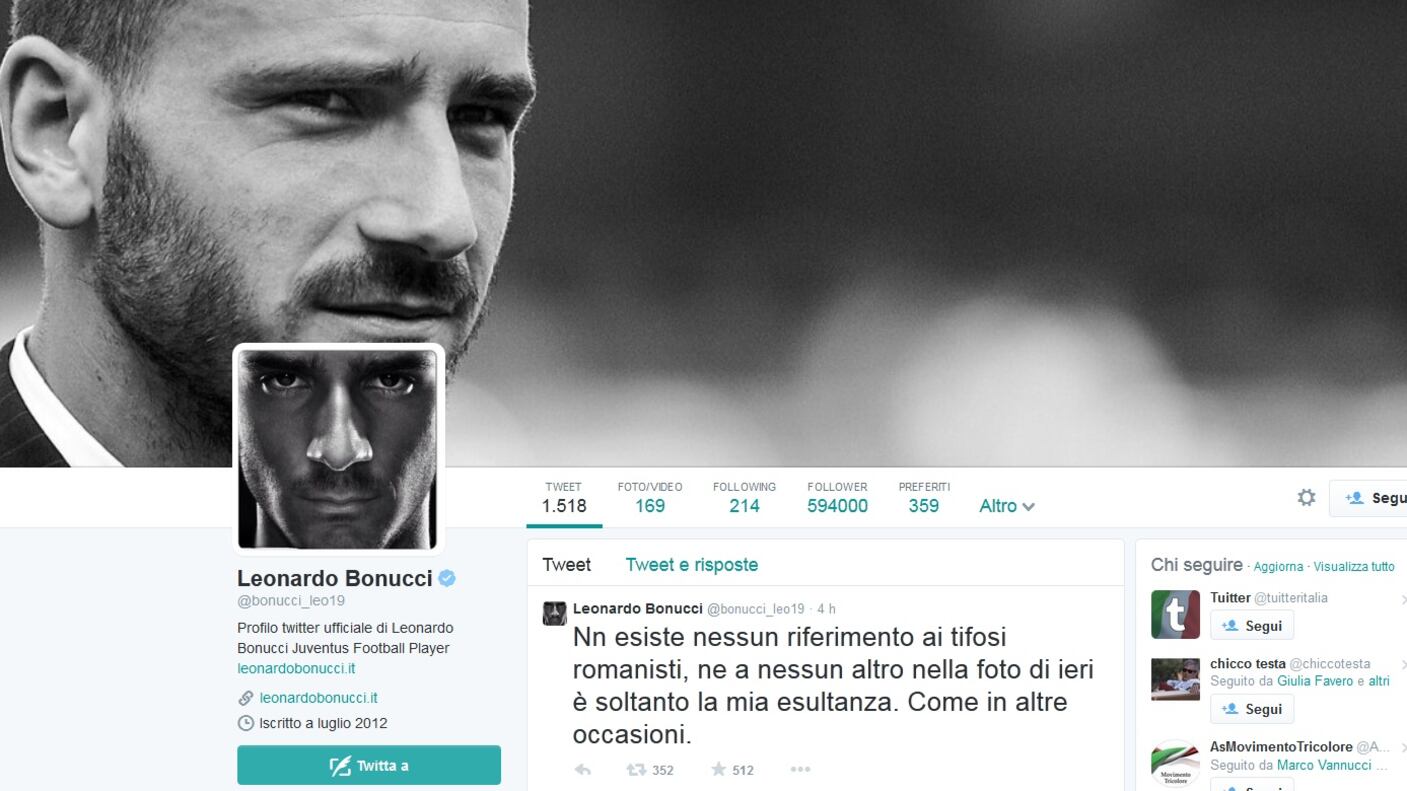 Juve-Roma, bufera per il tweet di Bonucci. Oriali: non deve più accadere