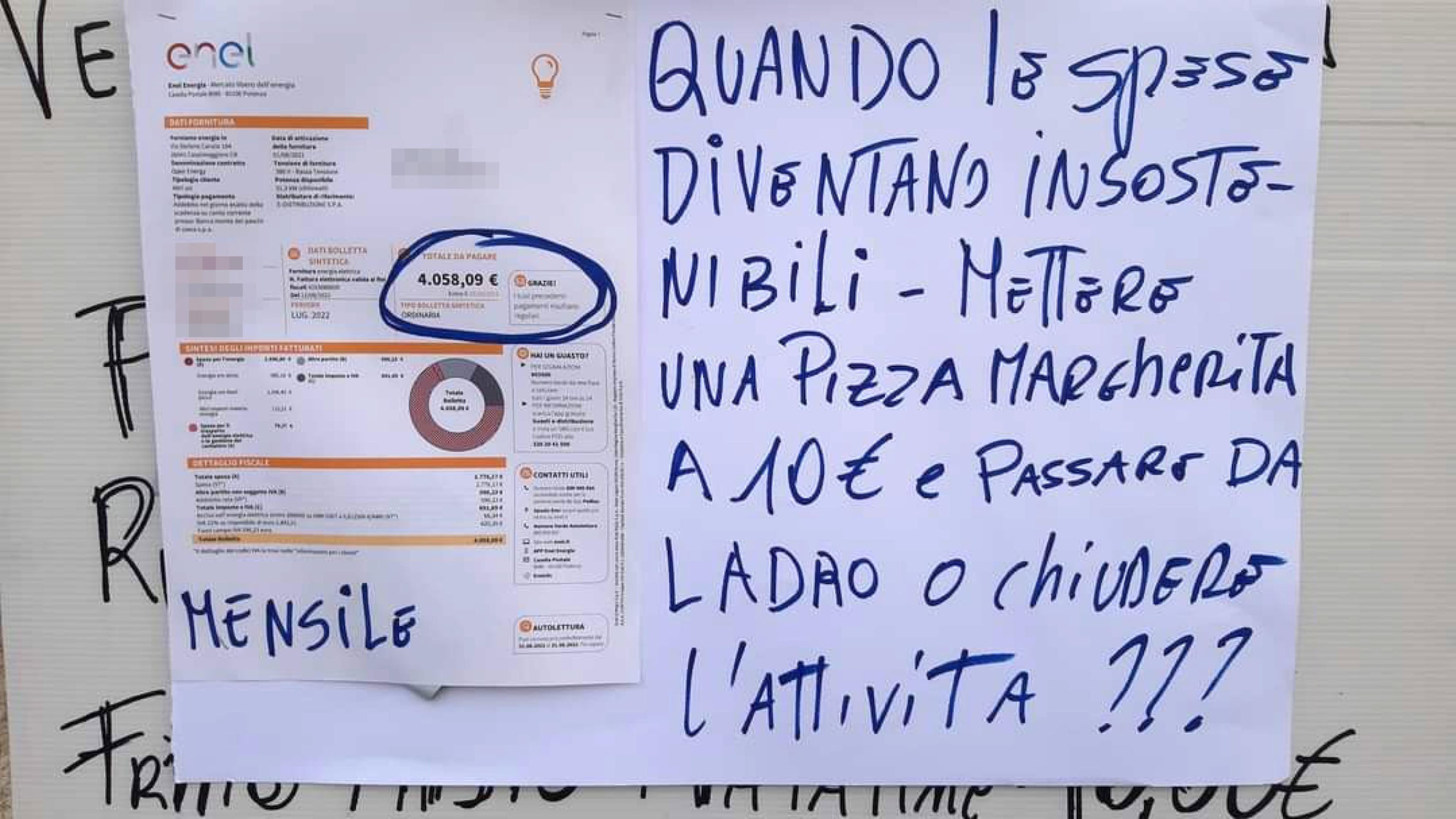 Bolletta da 4 mila euro, il titolare: "Pizza a 10 euro o chiudo?"
