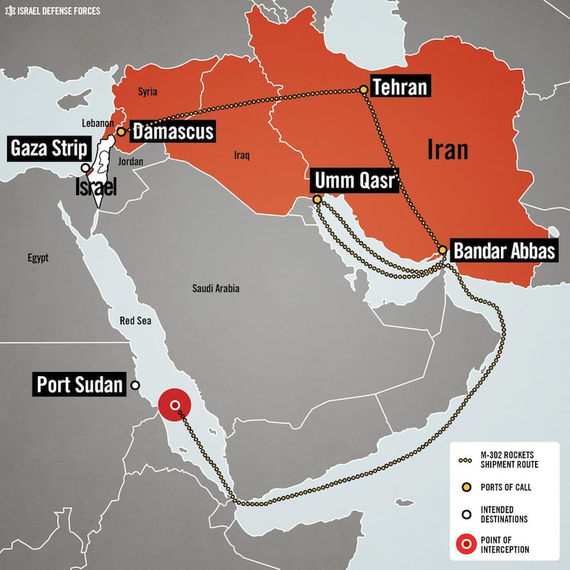 La rotta, controllata dall'Iran, delle armi che dal Sudan arrivavano ad Hamas fino a qualche anno fa. Fonte: Idf.