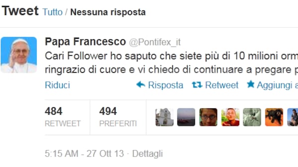 Papa Francesco su Twitter: "Cari follower, vi ringrazio"
