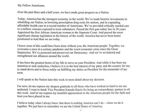 La lettera di Biden all'America: così ha annunciato il ritiro