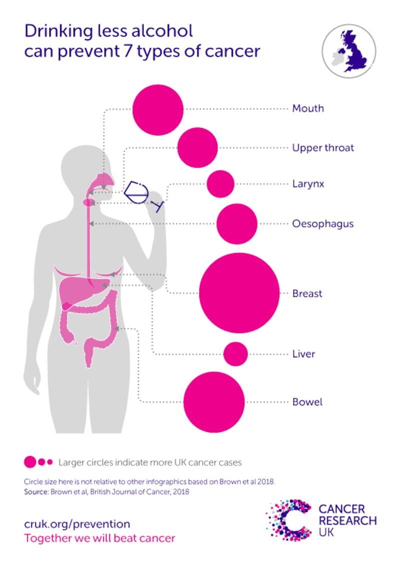 La mappa degli organi a rischio a causa dell'alcol. Fonte: cancerresearchuk.org