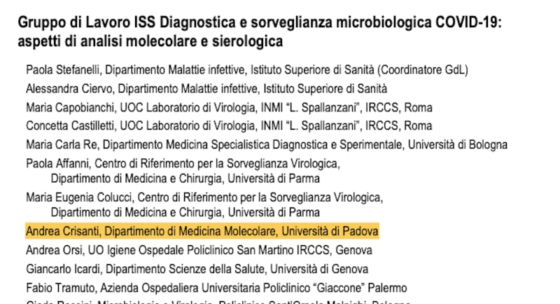 L'indicazione dei componenti del Gruppo di lavoro nel report dell'Iss