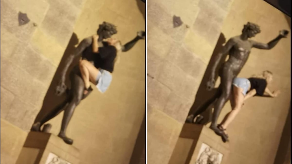 Si arrampica su una statua a Firenze e mima atti sessuali: le foto della turista diventano virali